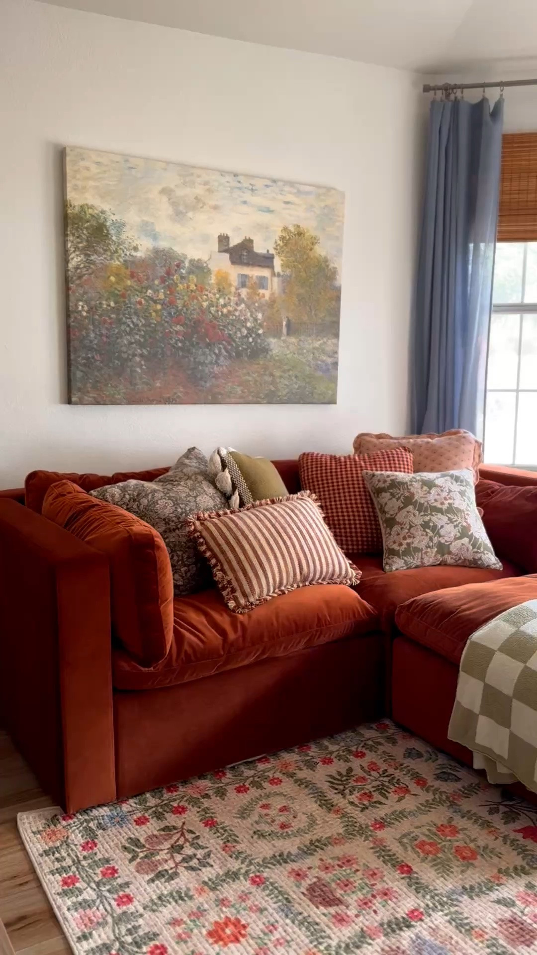 morning coffee spot. i look forward to enjoying my morning latte while watching the birds & my front yard wild bunnies 🤭 i make sure this space is nice and tidy before i go to bed!

living room decor. sunroom decor. cozy sitting room. red couch. rust velvet sofa. bold color sofas. 

most of these pillows are old target pillows.

#LTKSeasonal #LTKSaleAlert #LTKootd