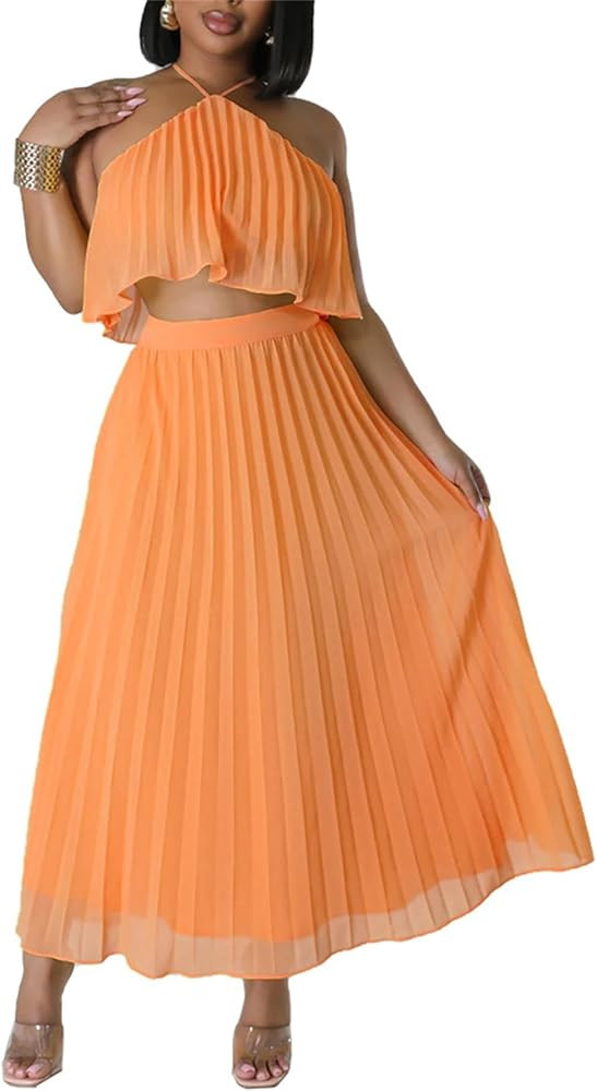 Ecirod Women's Pleated 2 Piece Outfits Halter Sleeveless Crop Top Summer Flowy Skirt Set | Amazon (US)