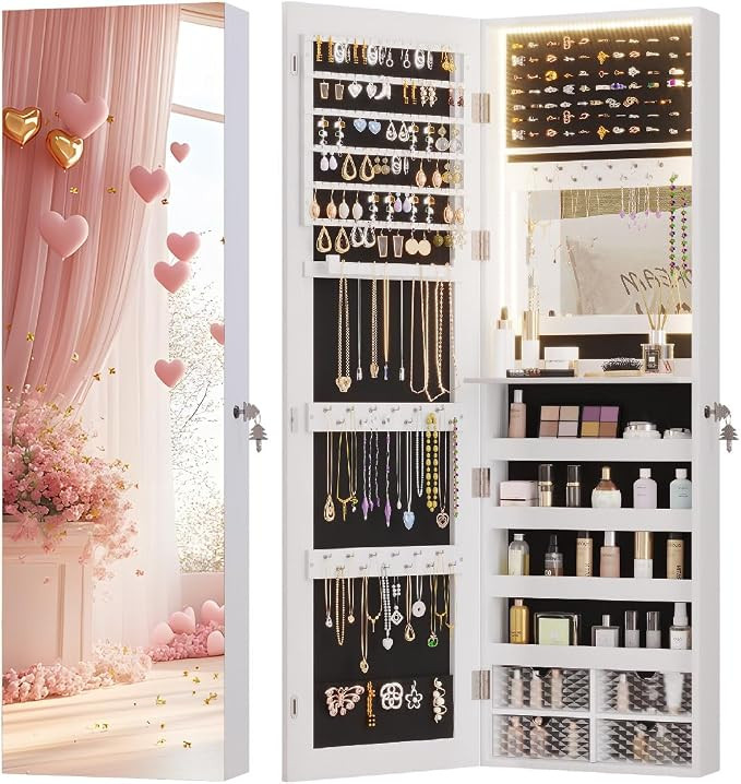 Vlsrka 47.2" LED Jewelry Cabinet, Wall Mounted Jewelry Mirror Organizer | Amazon (US)
