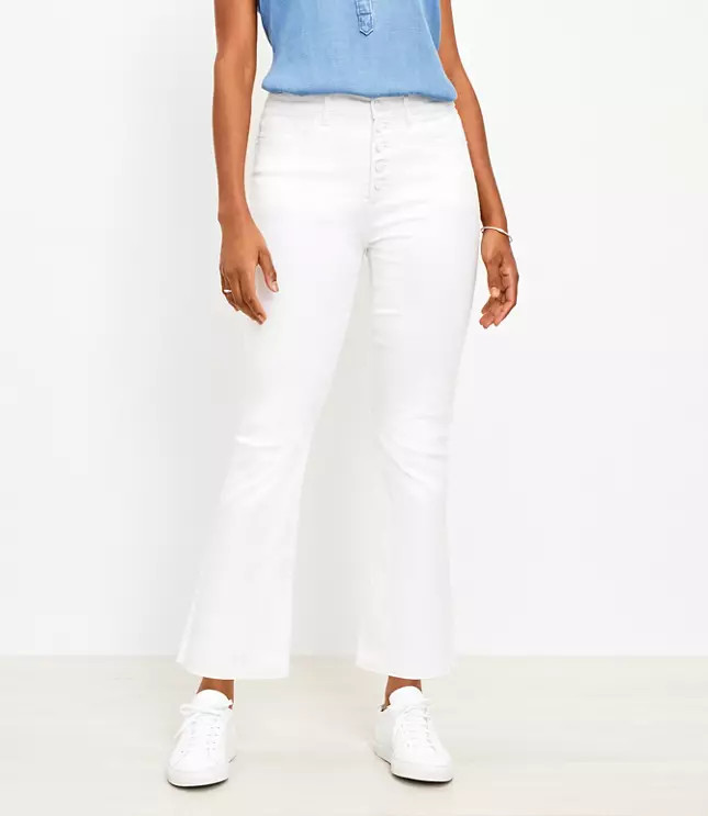 Curvy Frayed Button Front High Rise Kick Crop Jeans in White | LOFT