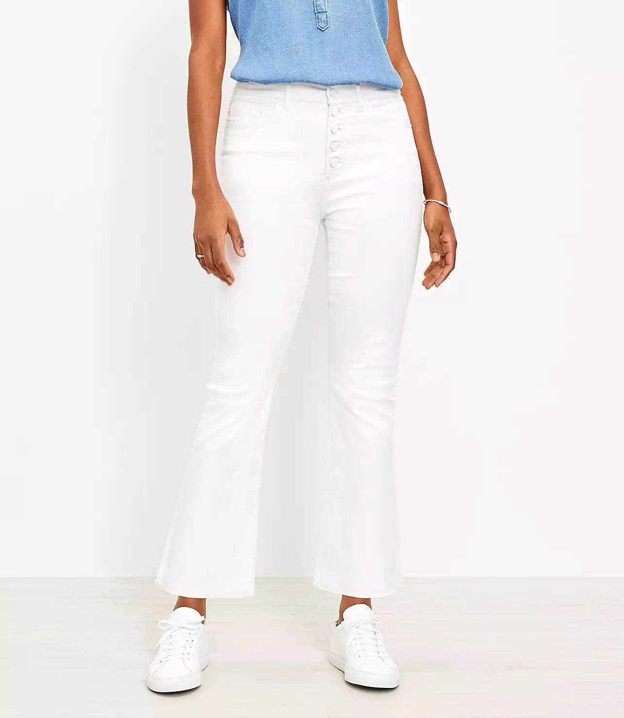 Curvy Frayed Button Front High Rise Kick Crop Jeans in White | LOFT