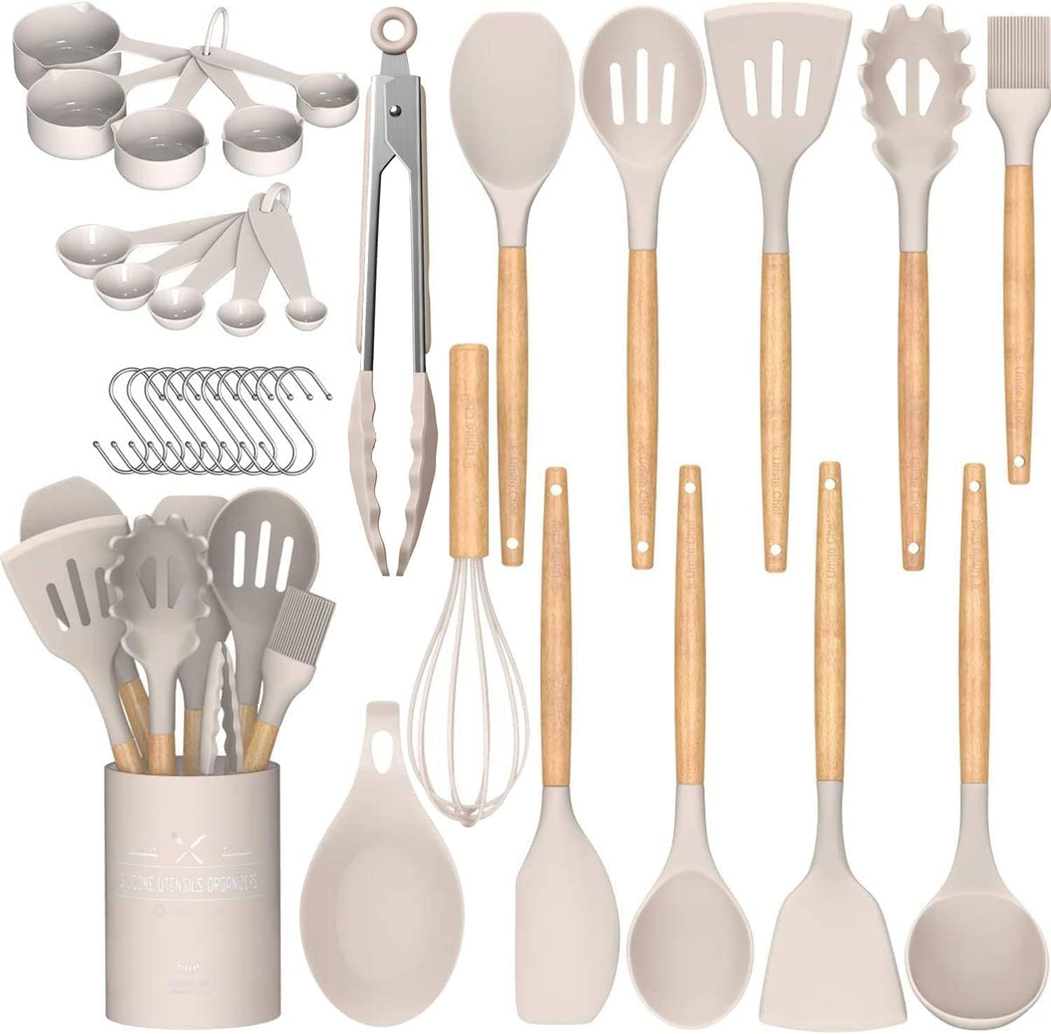 Umite Chef Kitchen Cooking Utensils Set, 33 pcs Non-Stick Silicone Cooking Kitchen Utensils Spatula Set with Holder, Wooden Handle Silicone Kitchen Gadgets Utensil Set (Khaki) | Amazon (US)