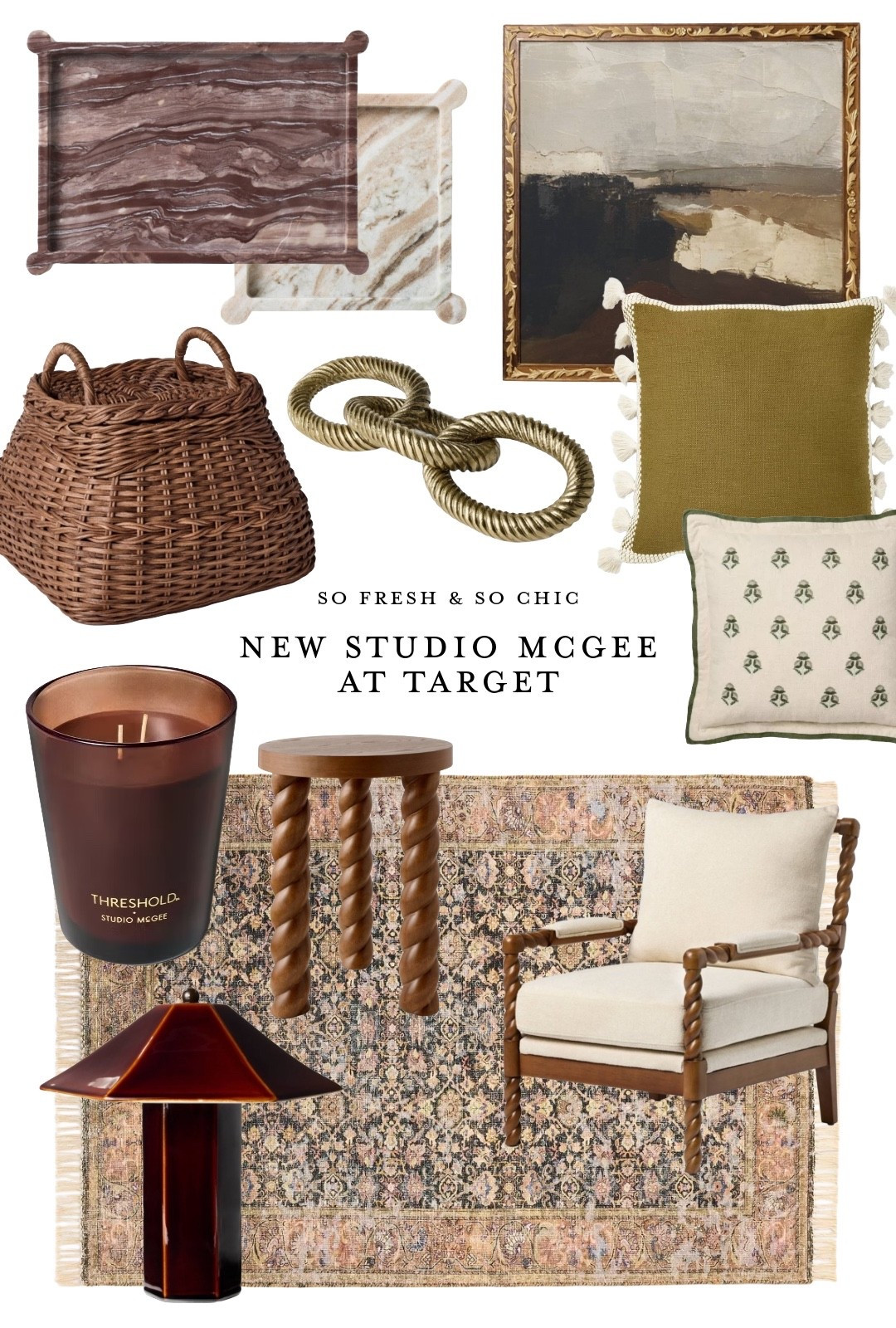 NEW Studio McGee at Target!
-
Affordable Home Decor - studio McGee - McGee and co - burgundy ceramic lamp - brown woven basket - pompom trim throw pillow - neutral home decor - living room decor - bedroom decor - coffee table decor - brass chain decor - book ends - end table - large framed art - moody wall art - marble trays - coffee station decor - Persian rug - threshold decor 

#LTKOver40 #LTKHome #LTKFindsUnder100
