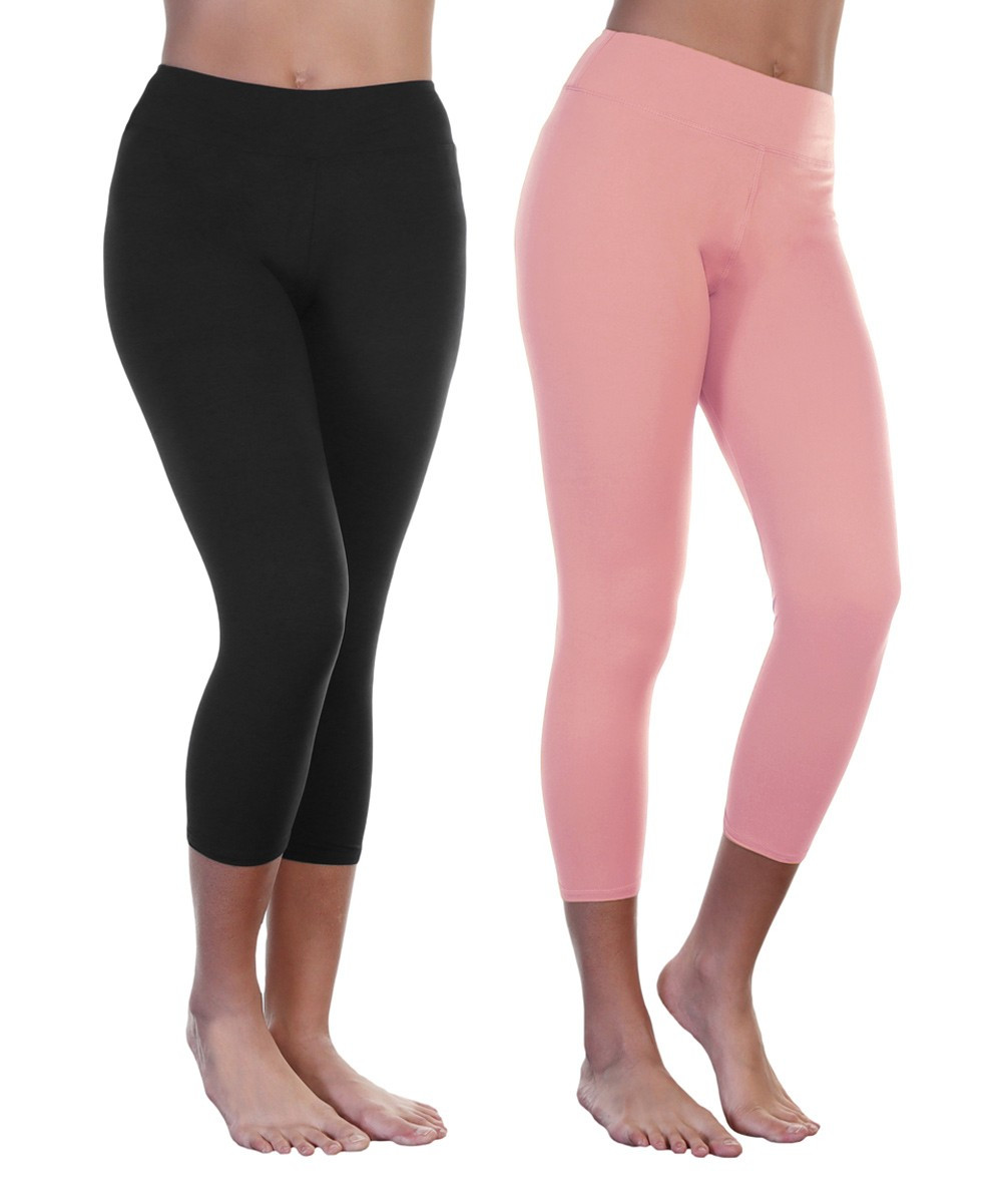 Angelina Women's Leggings Pink - Pink & Black High-Waist Crop Leggings Set - Women | Zulily