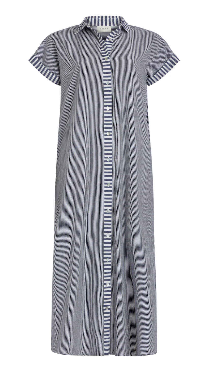 Riga Short Sleeve Midi Dress - Navy Stripes | Sitano