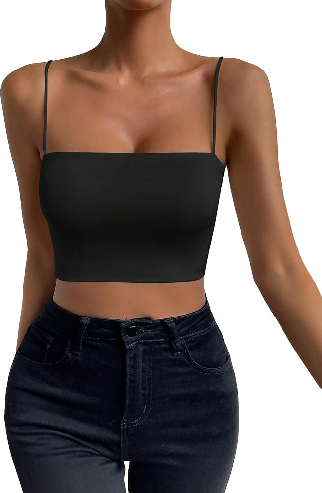 WDIRARA Women's Spaghetti Strap Solid Crop Cami Top Sleeveless Basic Cami Tank Tops | Amazon (US)