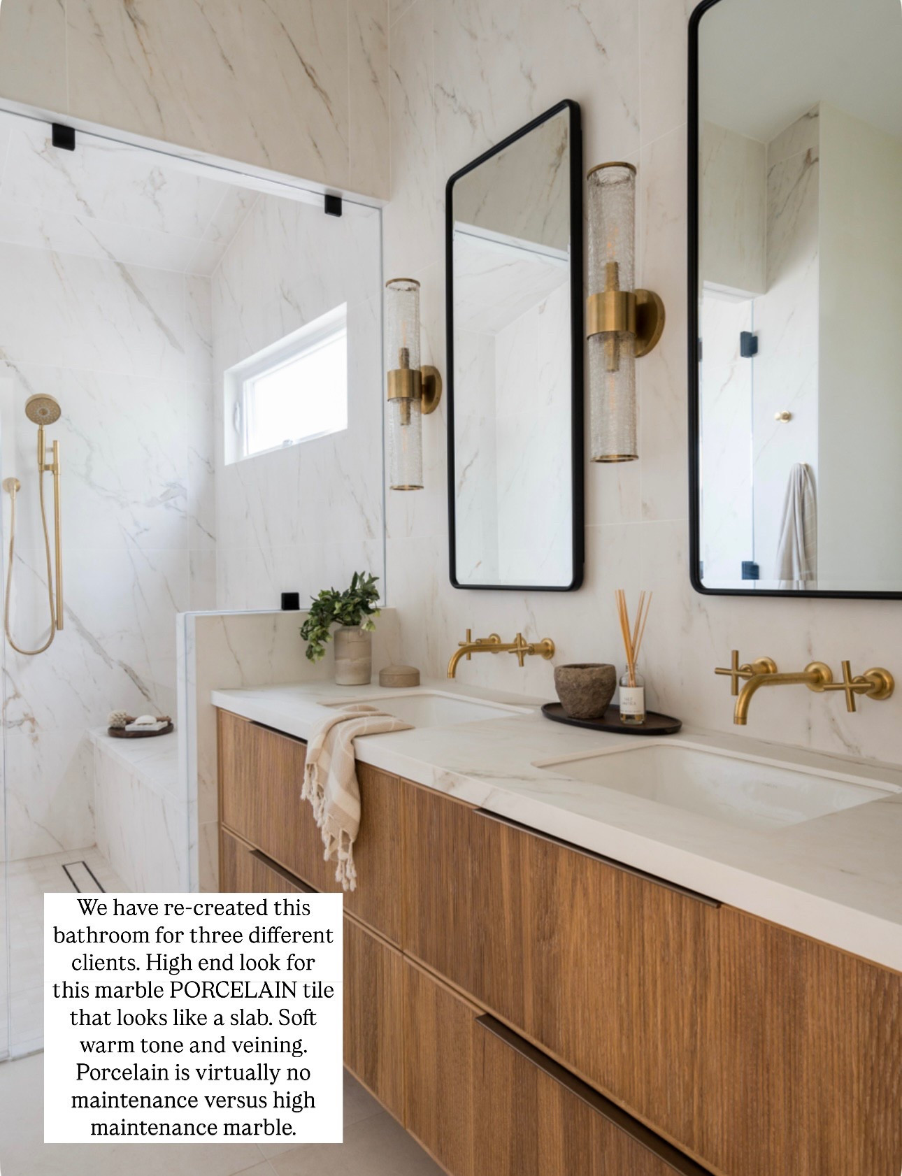 I've had lots of requests from people to recreate this bathroom because it's such an affordable look to achieve this high end design. These are large format tiles and give such a huge impact to a bathroom. Also linked similar looks for less options for the other finishes.

Black rectangle, mirror, wall mount faucet, wood vanity, marble tile, glass, brass sconces, floating vanity  Wayfair

#LTKFindsUnder100 #LTKHome #LTKSaleAlert