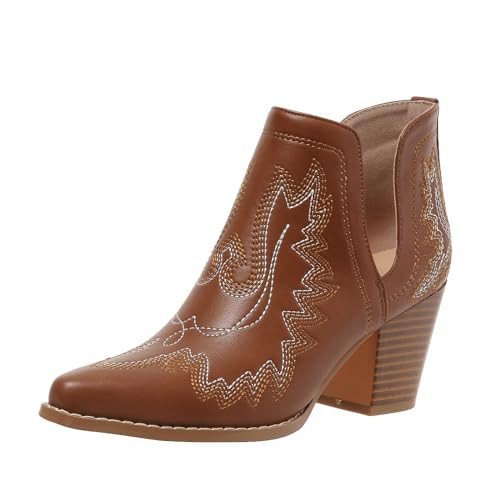 Cowboy Boots for Women Cowgirl Ankle Western Embroidered Stitched Pointed Toe Cutout Chunky Heels Short Booties Red Brown Black US5-11, yellow brown, 8 | Amazon (US)