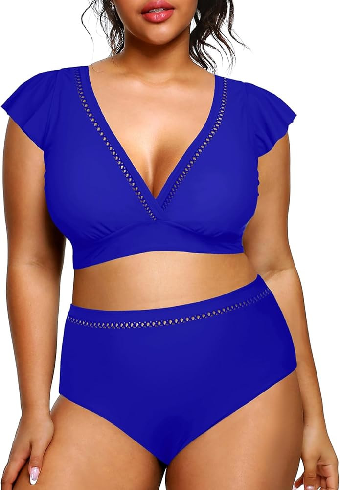 Daci Women Plus Size High Waisted Bikini Sets Two Piece Swimsuits Cap Sleeve Bathing Suits Ruffle... | Amazon (US)
