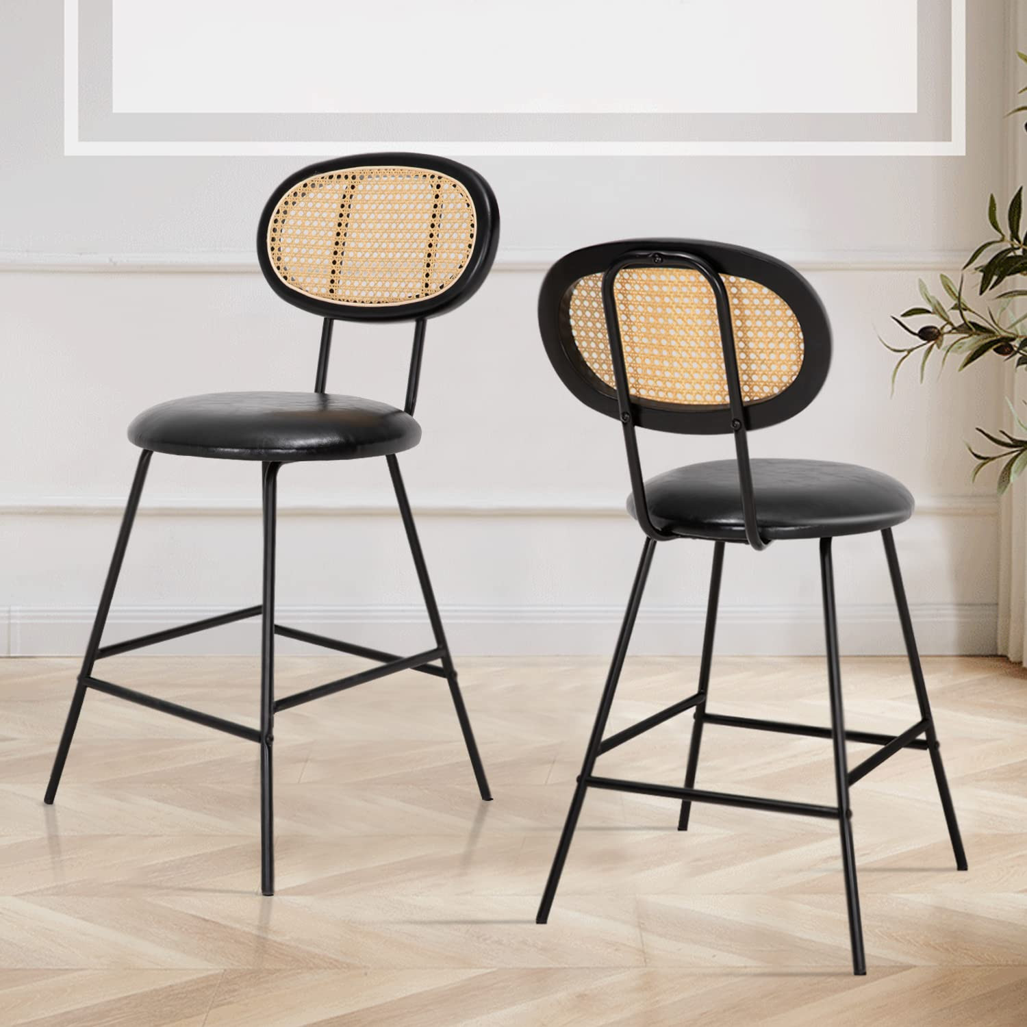 Okeysen Rattan bar Stool,Indoor Leather Bar Stools Set of 2,Counter Height Bar Stools with Metal ... | Amazon (US)