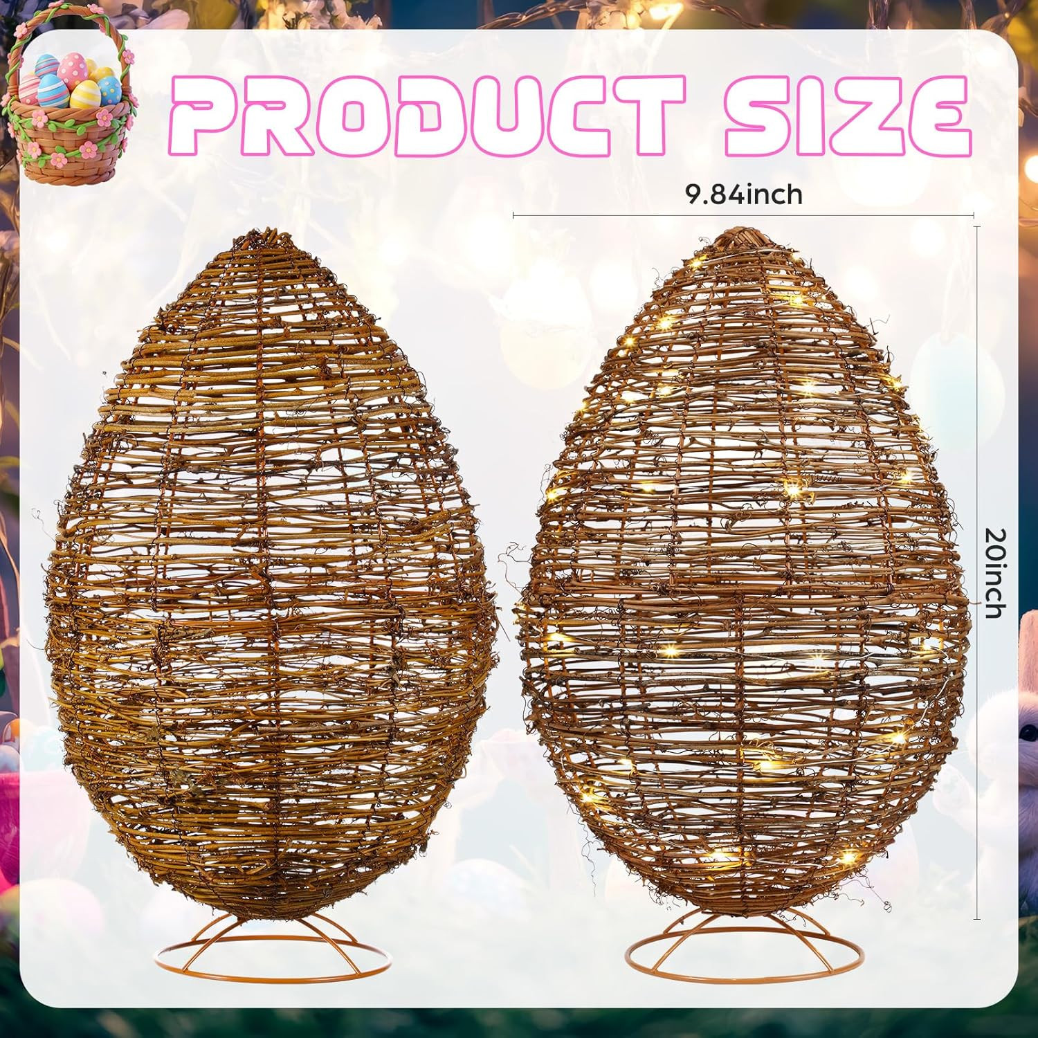 20 Inch Set of 2 Easter Rattan Eggs Decor Outdoor, Natural Woven Eggs Sculpture with 9.84ft LED L... | Amazon (US)