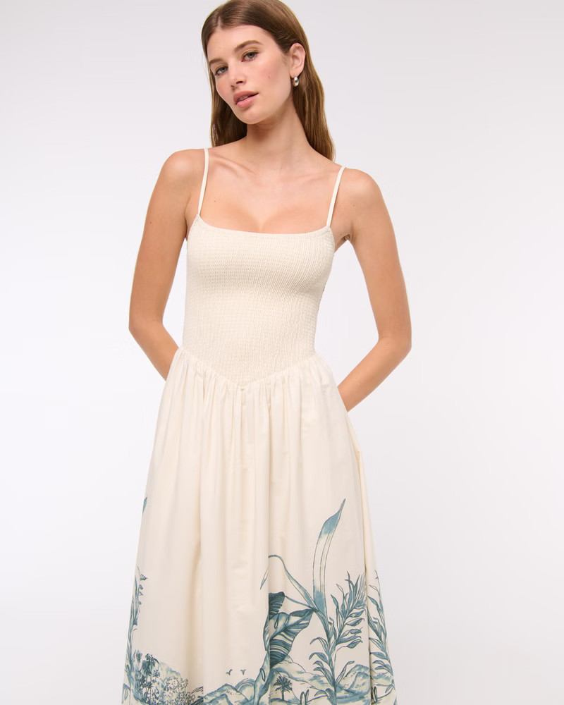 Women's Dipped-Waist Smocked Midi Dress | Women's Dresses & Jumpsuits | Abercrombie.com | Abercrombie & Fitch (US)