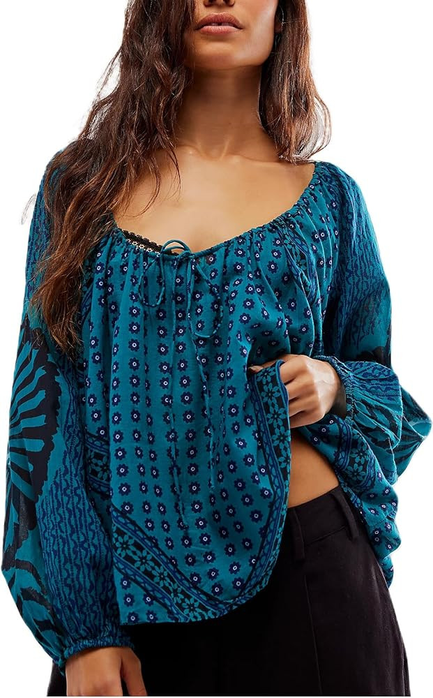 Boho Tie Front Going Out Tops for Women 2024 Floral Print Peplum Babydoll Shirt Bohemian Lantern ... | Amazon (US)