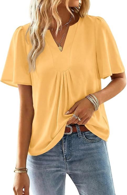 Cicy Bell Womens Summer Blouses Bell Short Sleeve V Neck Babydoll Flowy Tops Dressy Casual Loose ... | Amazon (US)