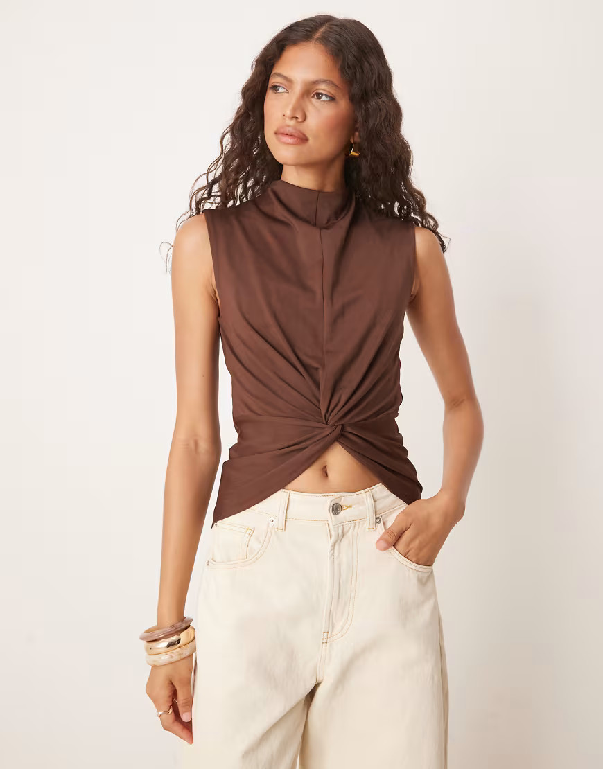 ASOS DESIGN twist front top with grown on neck in brown | ASOS (Global)