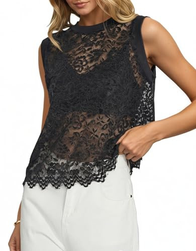 Women's See Through Lace Tops Floral Mesh Sheer Hollow Out Sleeveless Vest Crewneck Cover Up Going Out Velvet Top Black | Amazon (US)