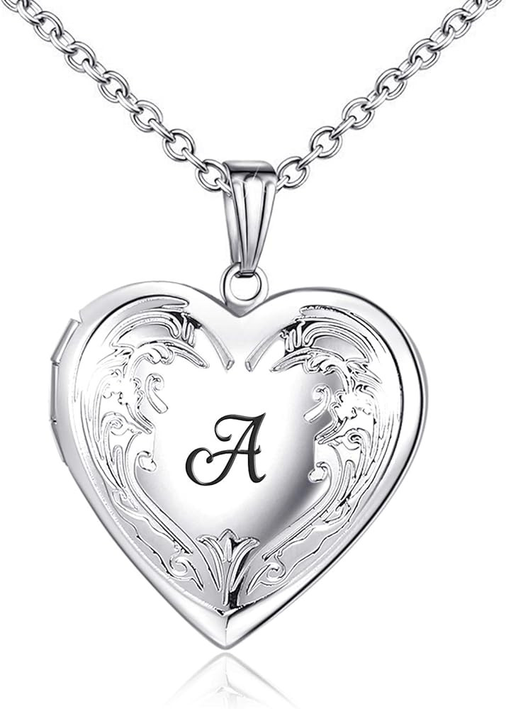 YOUFENG Locket Necklace that Holds Pictures Initial Alphabet A-Z Letter Pendant Necklace Platinum... | Amazon (US)