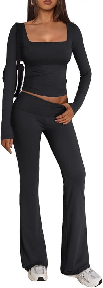 Trendy Queen Womens Two Piece Lounge Sets 2 Piece Fall Outfits Long Sleeve Square Neck Tops Flare... | Amazon (US)