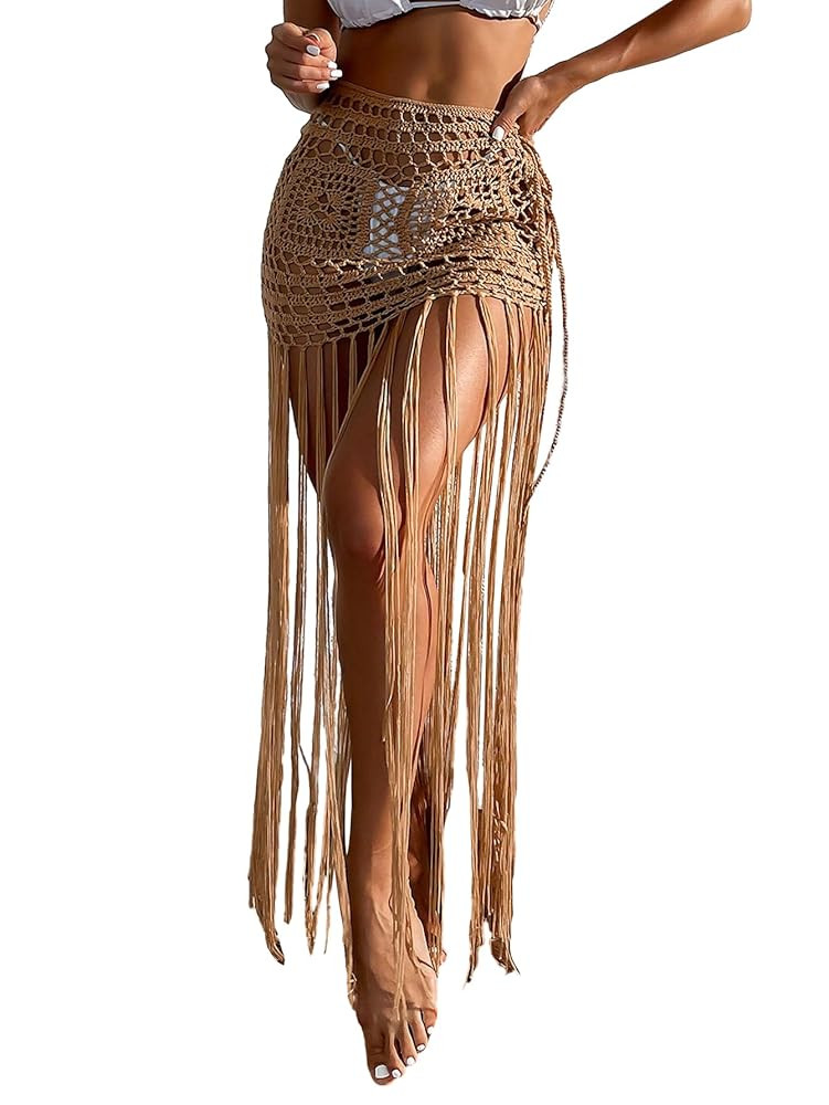Milumia Women's Crochet Swimwear Cover Up Skirt High Waisted Fringe Hem Beach Skirts | Amazon (US)