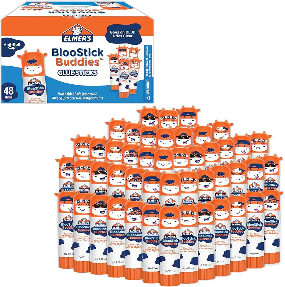 Elmer's BlooStick Buddies Glue Sticks, Disappearing Blue Glue Stick, Anti-Roll Cap, 6g, 48 Count,... | Amazon (US)