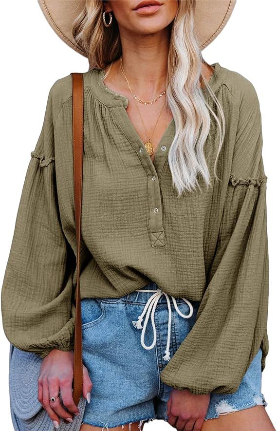 Shemoday Womens Deep V Neck Lantern Sleeve Henley Sweatshirt Oversized Cotton Blouse Pullover Top... | Amazon (US)
