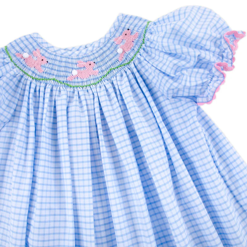 Bunny Smocked Light Blue Windowpane Bishop Dress | Classic Whimsy