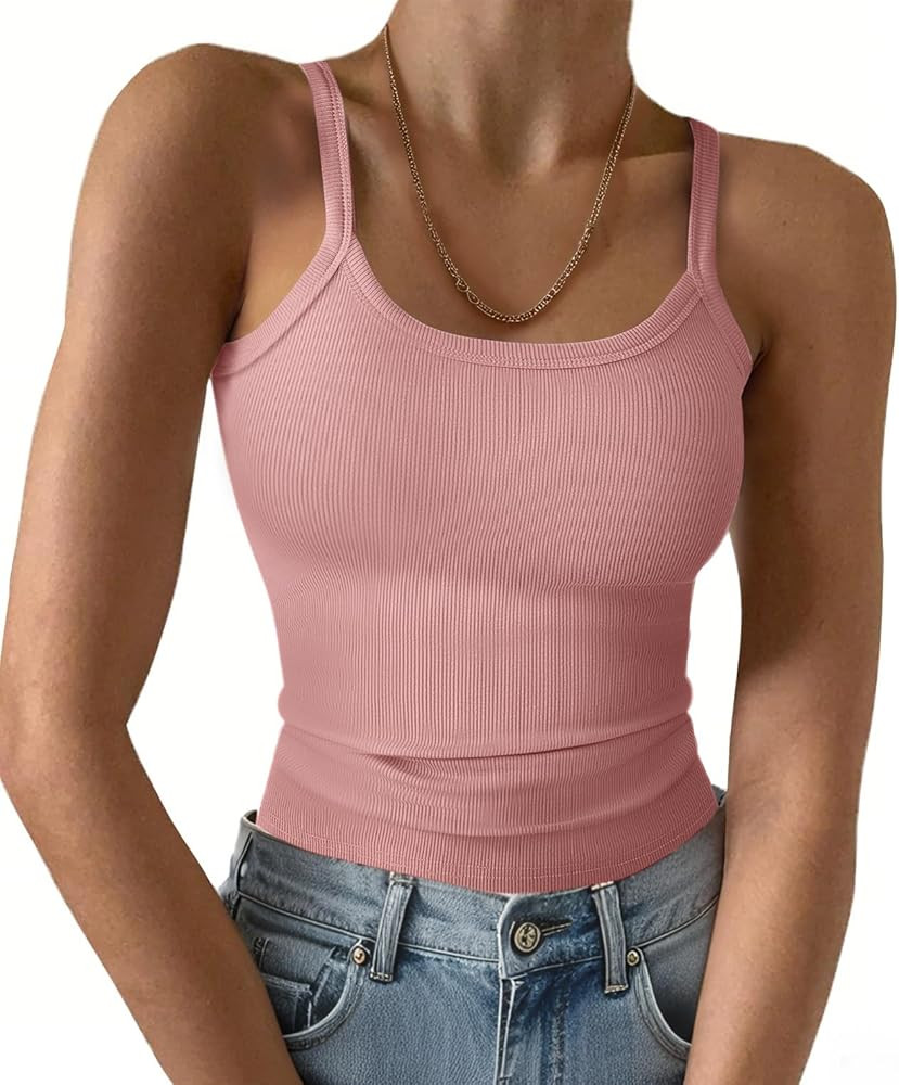 Ribbed Tank Tops Spaghetti Strap Slim Fitted Cami Shirts | Amazon (US)