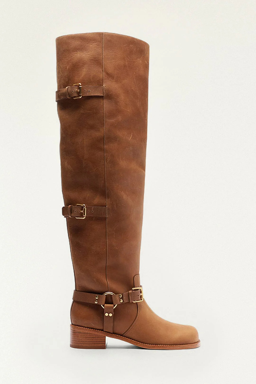 Brown Distressed Leather Buckled Over-The-Knee Boot | FARM Rio | Farm Rio UK
