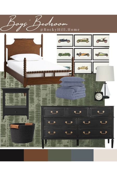 Boys bedroom with Chris Loves Julia Pottery Barn bed, pottery barn kids black dresser, black nightstand, olive green rug, navy blue duvet set, antique care art set

#LTKkids #LTKstyletip #LTKhome