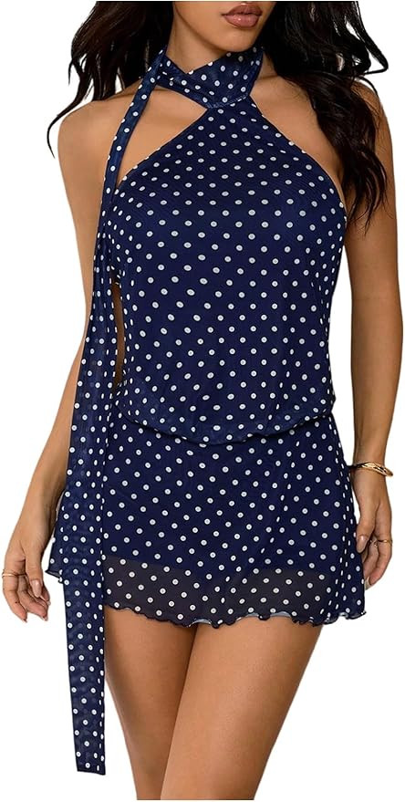 Milumia Women's Y2k Polka Dots Mesh Halter Mini Dress Backless Sleeveless Short Dresses with Scar... | Amazon (US)