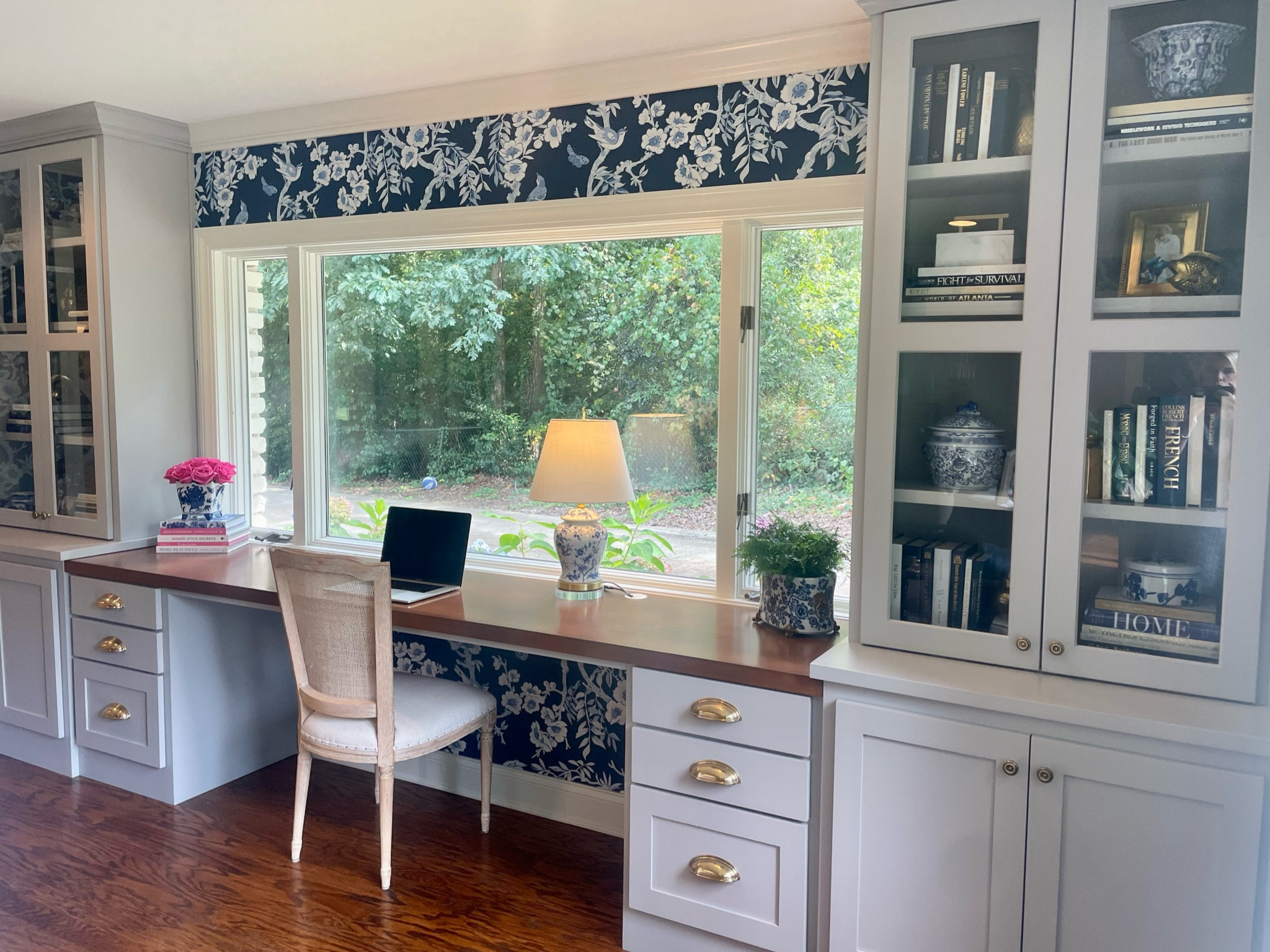 Shop my office - home office, gray cabinets, wallpaper, chinoiserie, desk decor, built ins, home decor, grandmillennial, bookcases, bookshelves, bookshelf decor, Amazon home decor, shelf decor 

#LTKhome #LTKstyletip #LTKfindsunder50