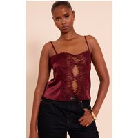 Burgundy Satin Lace Panel Strappy Cami Top | PrettyLittleThing US