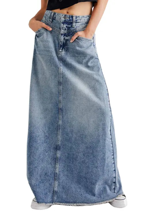 Free People Come As You Are Fray Hem Denim Maxi Skirt in Medium Indigo at Nordstrom, Size 8 | Nordstrom