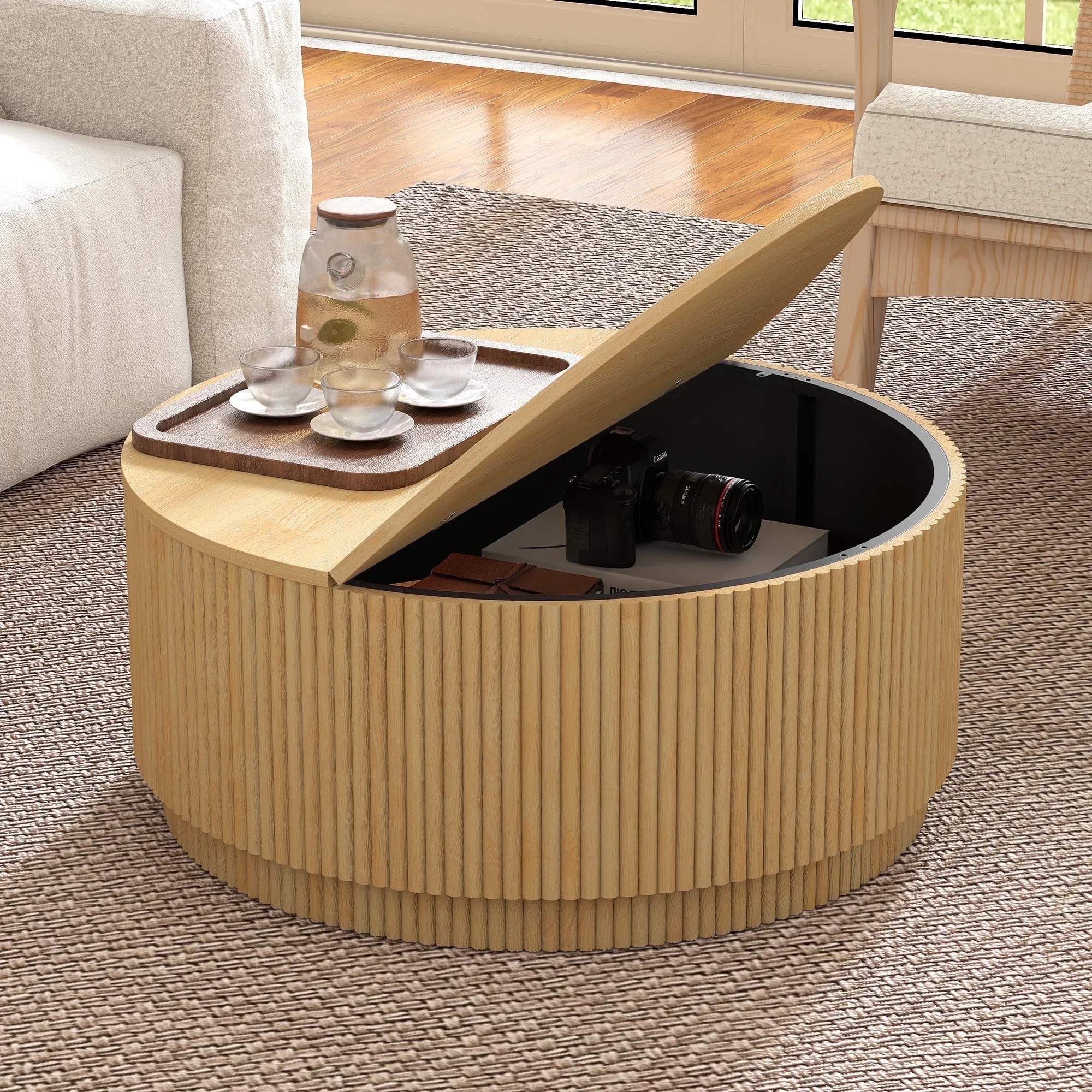 PHOYAL 31.5" Fluted Round Coffee Table with Flip Top and Hidden Compartments Storage for Living R... | Walmart (US)