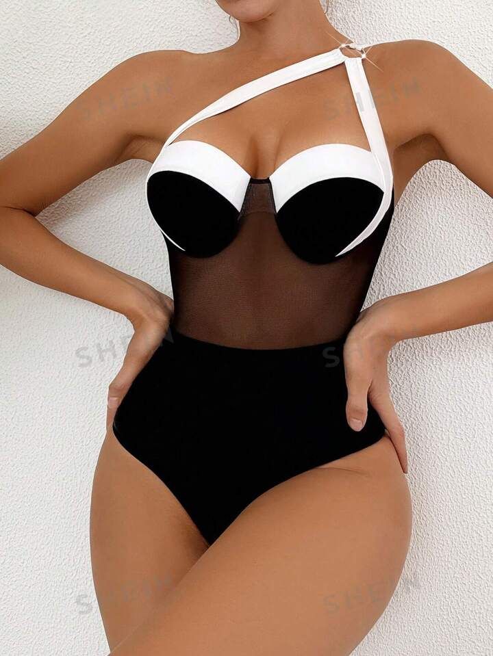 2024 New Contrast Mesh Splicing Tie Knot One-Piece Swimsuit | SHEIN
