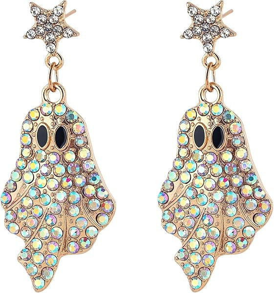 Gold Tone Iridescent Crystal Rhinestone Ghost Dangle Drop Earrings Spooky Boo Star Stud Halloween... | Amazon (US)