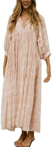 Women Boho Floral Maxi Dress Puff Sleeve V Neck Long Dress Bohemian Flowy Tiered Dress Loose Fit ... | Amazon (US)