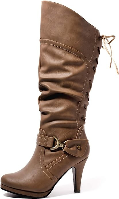 katliu Women's Heeled Knee High Boots Back Lace Up Slouchy High Heel Boots | Amazon (US)