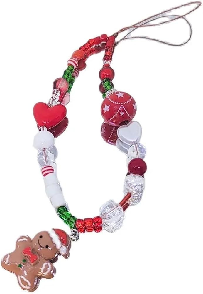 Christmas Beaded Phone Charms Chain Strap Gingerbread Man Cute Red Green Acrylic Santa Claus Keyc... | Amazon (US)