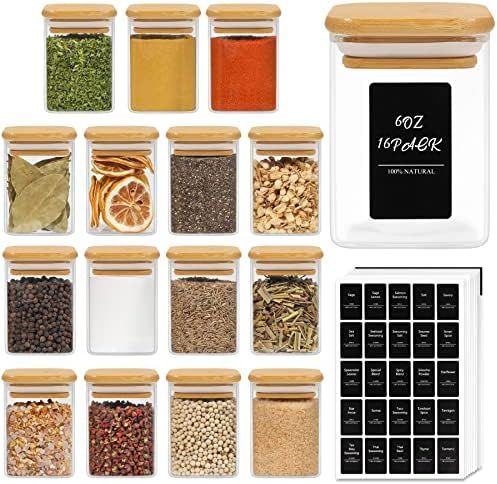 ComSaf 16Pcs Glass Spice Jars with Bamboo Lid, 6oz Airtight Square Containers with 275 Black Labl... | Amazon (US)