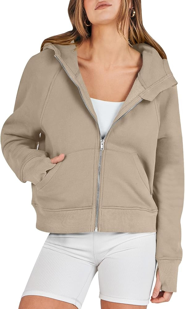 ANRABESS Women Hoodies Fleece Lined Full Zipper Sweatshirts Long Sleeve Crop Tops Clothes Sweater... | Amazon (US)