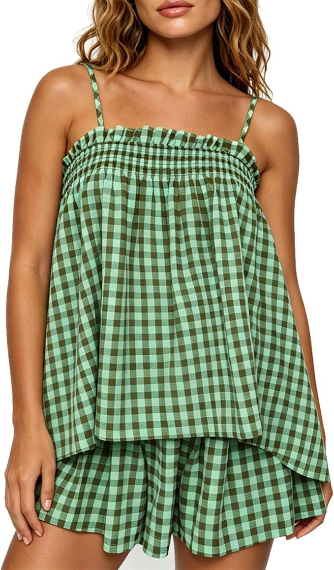 Meiweileya Women Gingham Pajama Set Y2k Sleeveless Babydoll Tank Top and Wide Leg Shorts 2 Piece ... | Amazon (US)