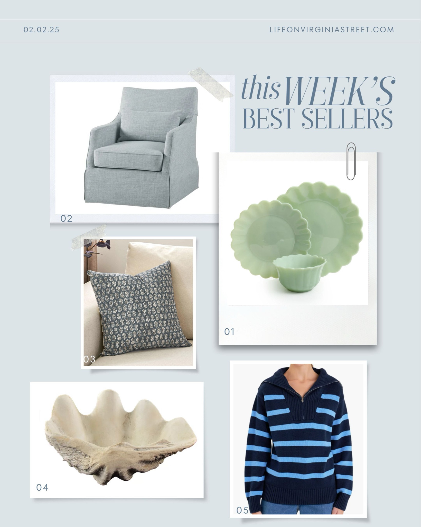 This week’s bestsellers include affordable scalloped jade dishes, a favorite blue gray swivel chair, block print pillow covers, a decorative clamshell and one of my favorite striped sweater (love the wide collar and it comes in three colors)! #ltkhome #ltkfindsunder50 #ltkfindsunder100 #ltkstyletip #ltksalealert #ltkover40 #ltkseasonal #ltkstyletip

#LTKHome #LTKSeasonal #LTKFindsUnder100