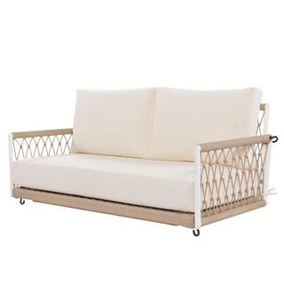 Beige Wicker Porch Swing Woven Rope Outdoor Swing Sofa with Cushions Seating 2 for Patio, Courtya... | The Home Depot