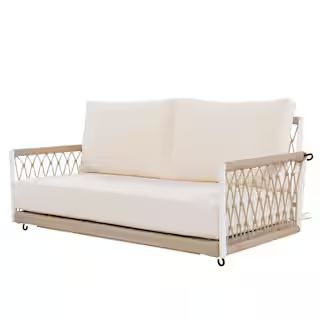 Beige Wicker Porch Swing Woven Rope Outdoor Swing Sofa with Cushions Seating 2 for Patio, Courtya... | The Home Depot