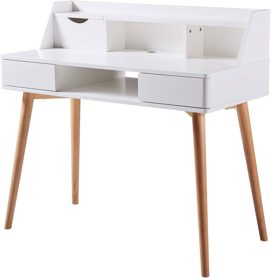 Teamson Home Creativo Writing Study Computer Desk with Solid Wood Legs, Storage Drawers and Open Shelves Hutch for Home Office Living Room Reading Bedroom, 37 inch Height, White | Amazon (US)