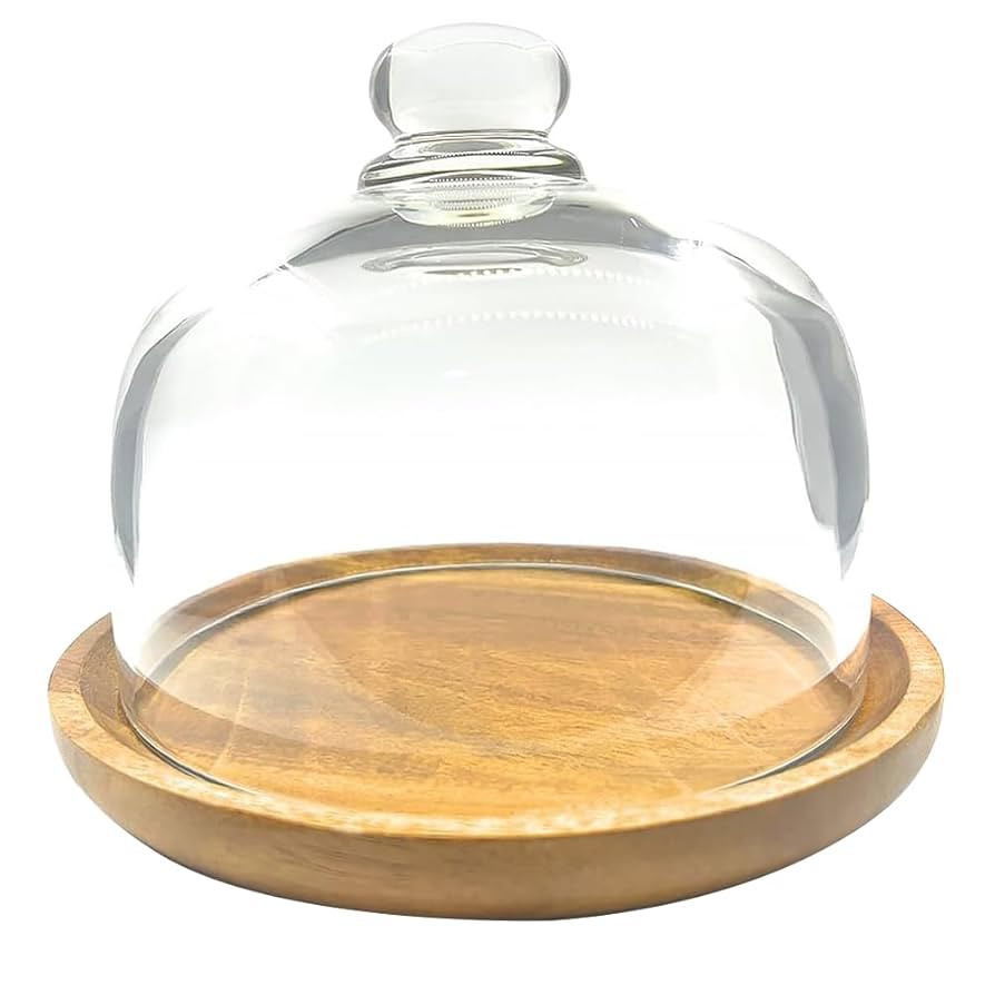 Ikerall 6 Inch Wooden Base Cake Display Stand with Glass Dome,Cloche Clear Glass Bell Jar Cover f... | Amazon (UK)