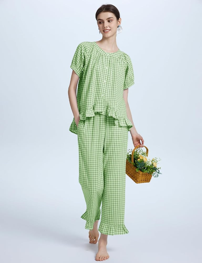 Flygo Womens Plaid 2 Piece Pajamas Sets Gingham Button Down Puff Sleeve Babydoll Shirt Ruffle Pan... | Amazon (US)