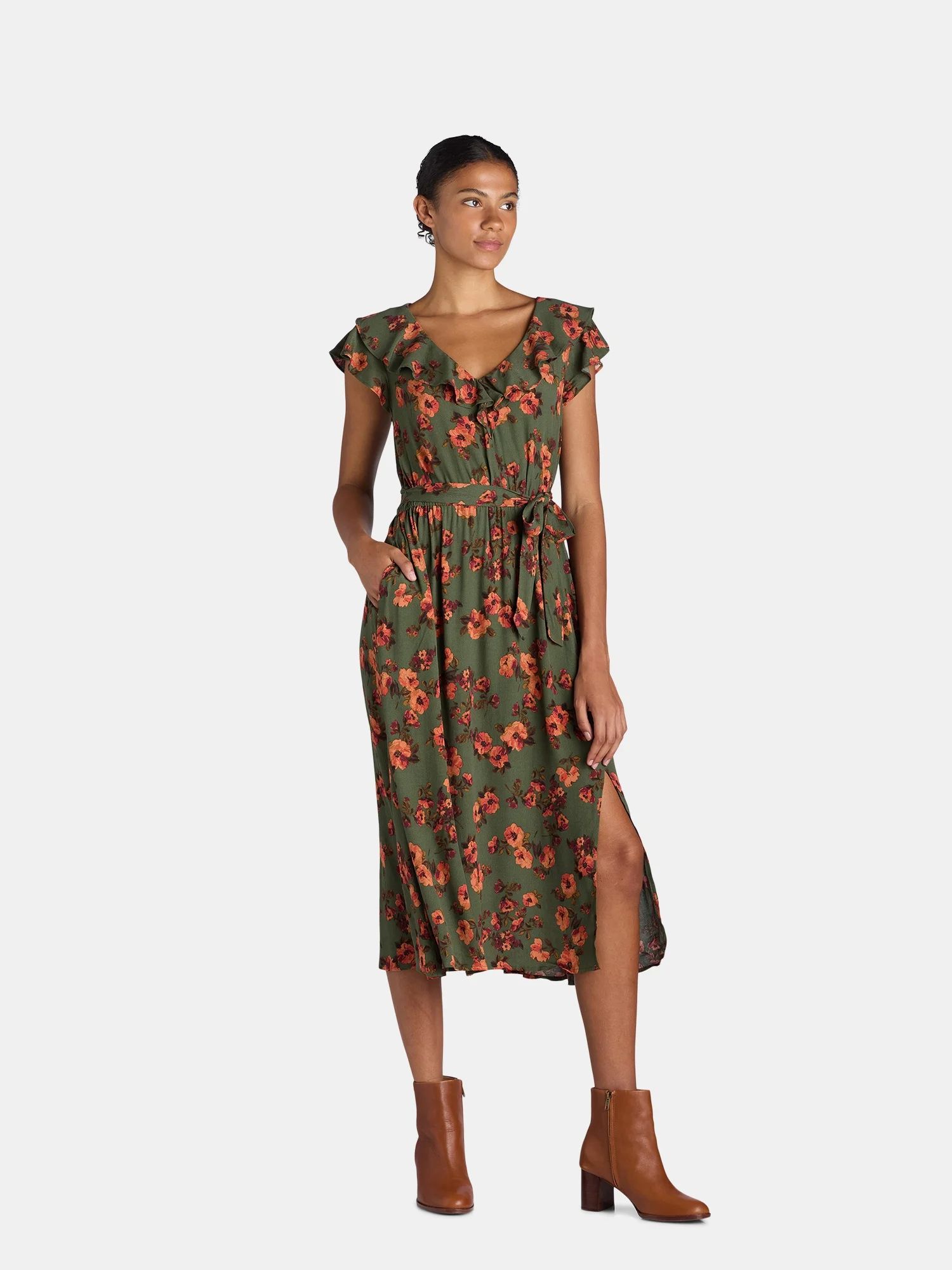 Time and Tru Women's and Women's Plus Ruffle Neck Midi Dress, Sizes XS-4X | Walmart (US)