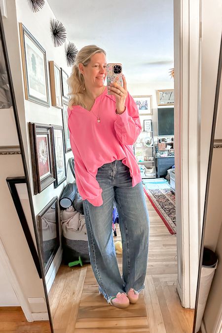 Casual pink and blue moment. These wide leg jeans are comfy to wear and are light weight. 

top xl
jeans 12 long 
shoes 7.5



#LTKOver40 #LTKSummerSales #LTKMidsize